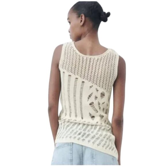 Zara Knitted Side Cutout Crochet Sweater Tank Top Sleeveless Cream Ivory M NWT - Picture 2 of 16